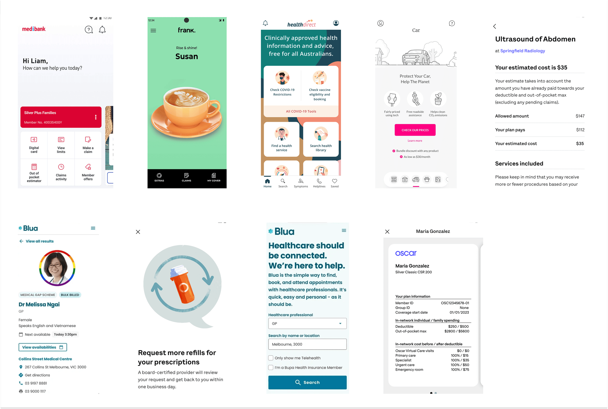 Different screen shots of various health mobile apps on the market