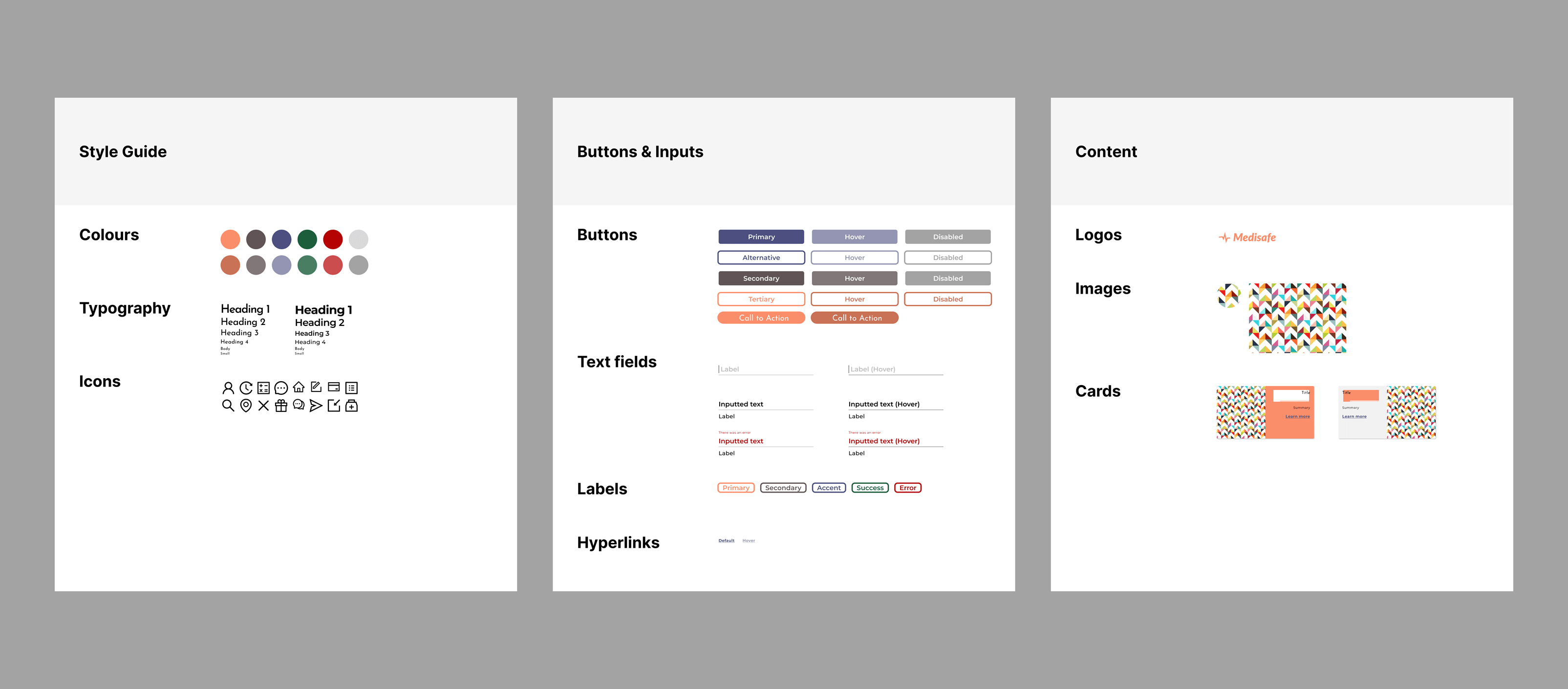 A design system showing styles, basic content, and components made up of styles and basic content